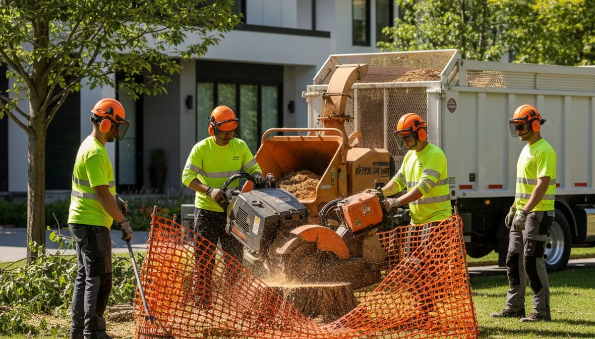 Milwaukee, WI stump removal crew safely grinding a tree stump on a residential property
