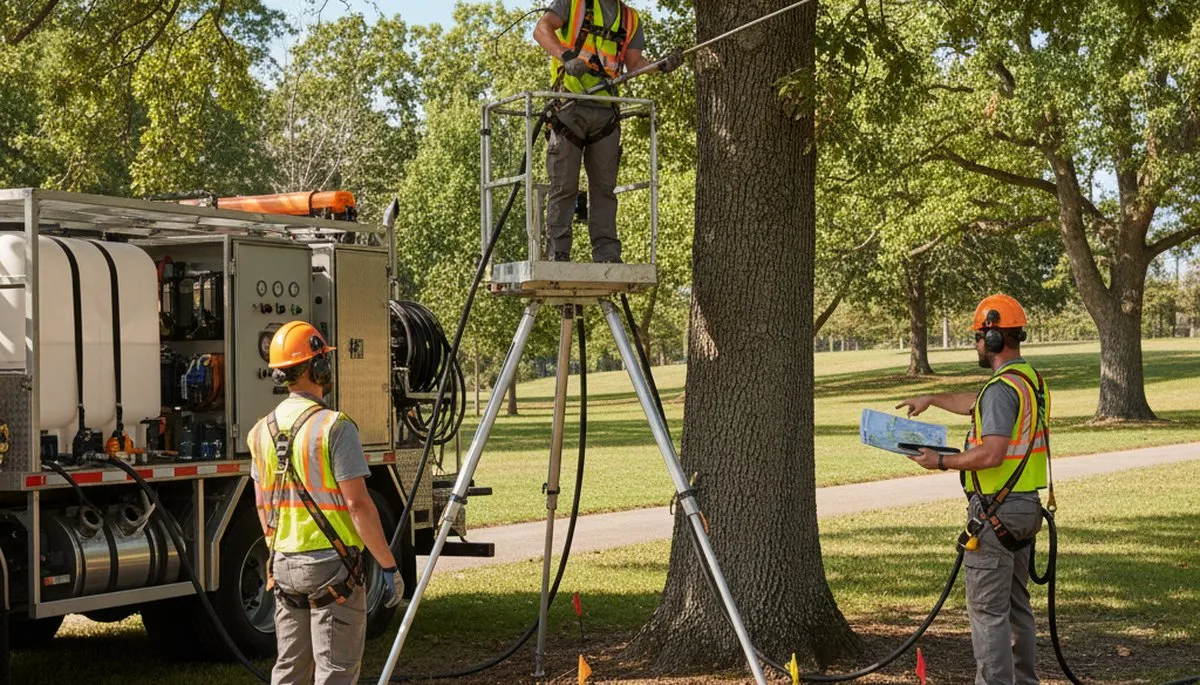 Professional arborist fertilizing trees in Milwaukee, WI for healthier growth and root support