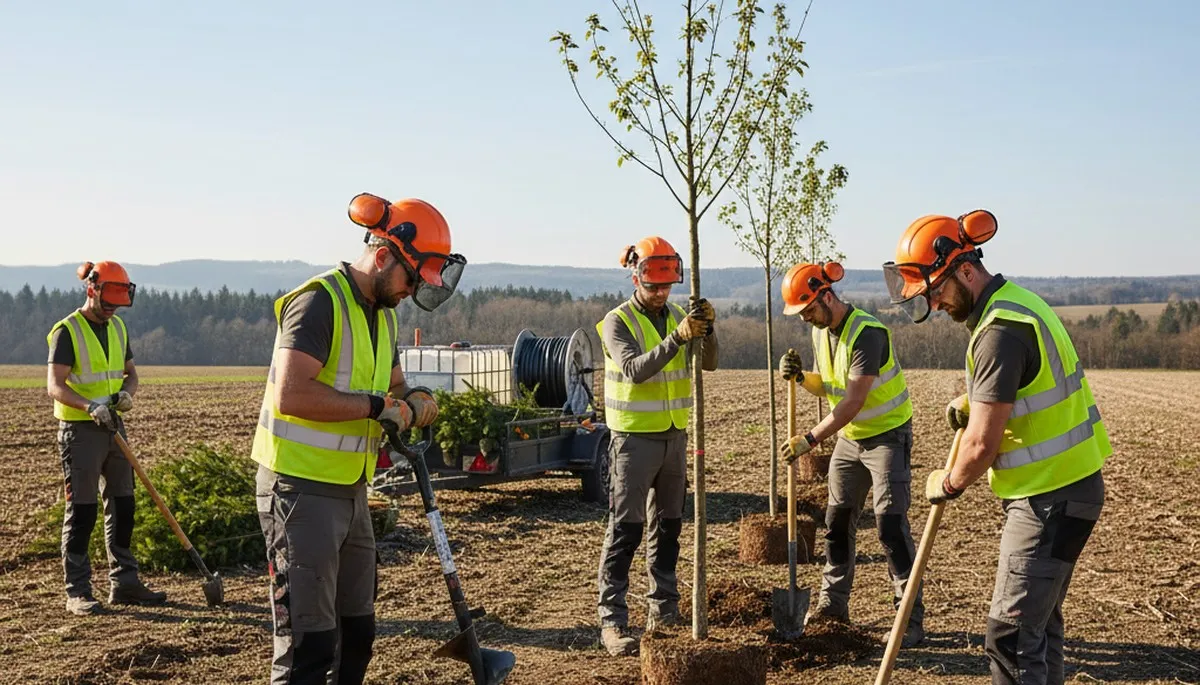 Milwaukee, WI tree planting crew installing a young tree for healthy landscape growth