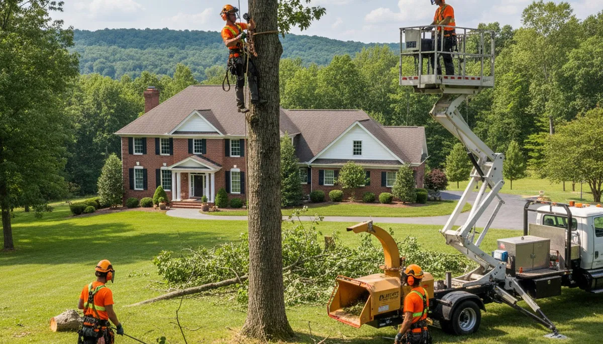 Tree service crew removing a tree in Milwaukee, WI for safe property care