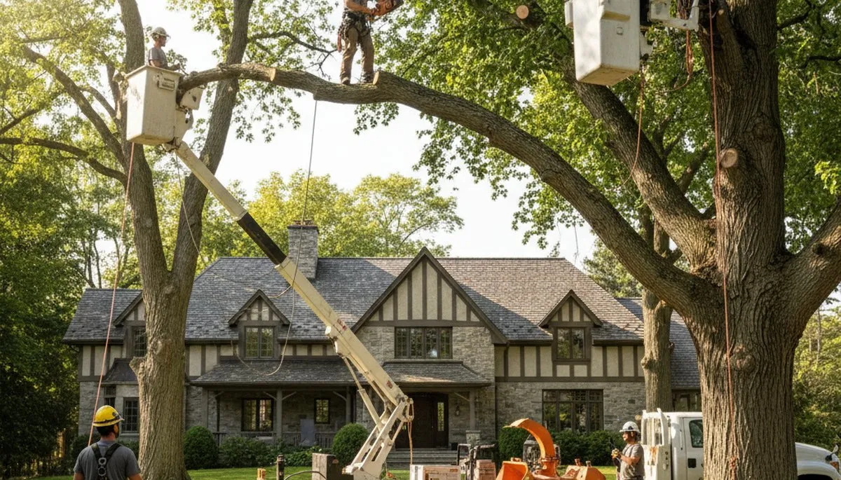 Tree service crew removing a tree in Milwaukee, WI for safe residential property care