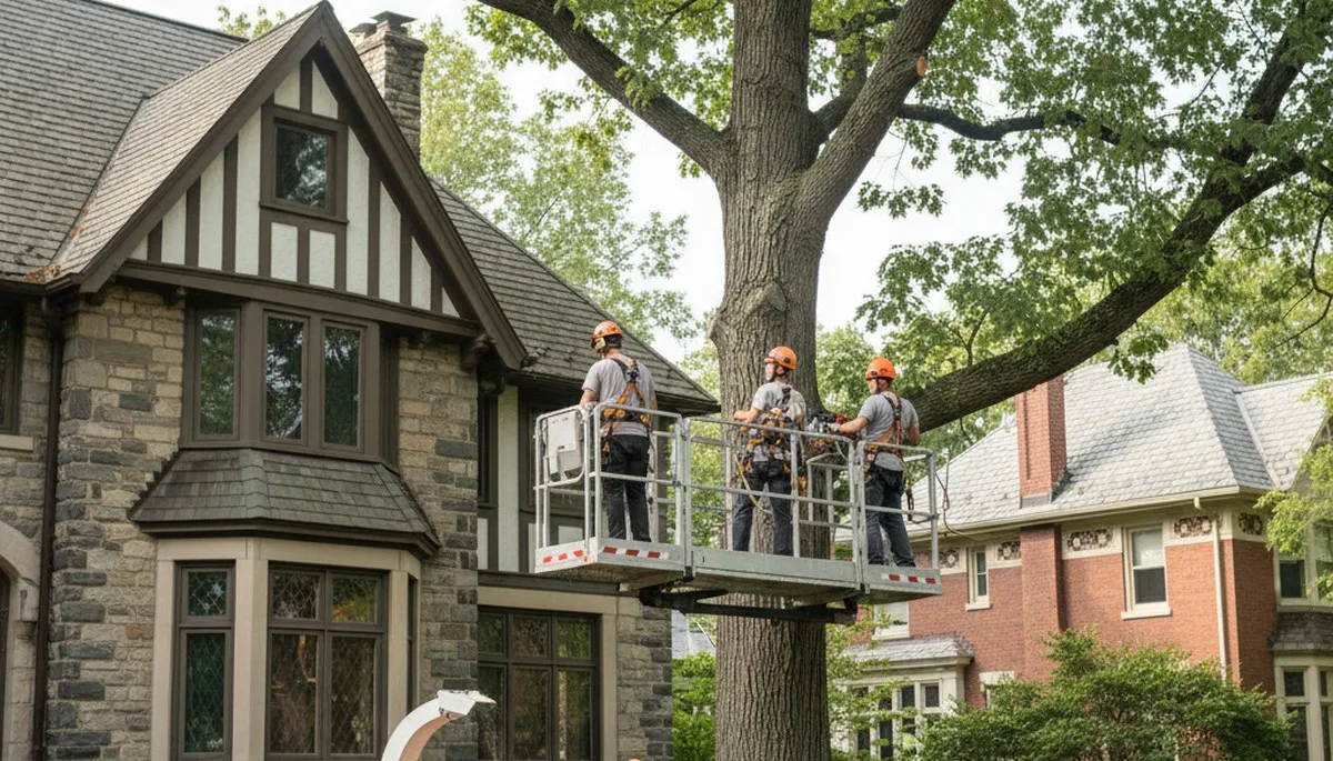 Tree service crew removing a tree in Milwaukee, WI for safe property clearance